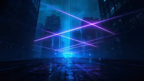 Futuristic Neon Grid with Glowing Blue Portal in Cyberpunk City