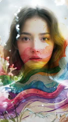 Portrait Blending with Flowing Rainbow Waves and Drifting Glitter, Ethereal Vertical Video