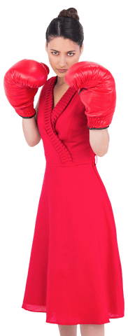 Elegant woman in red dress wearing boxing gloves transparent background