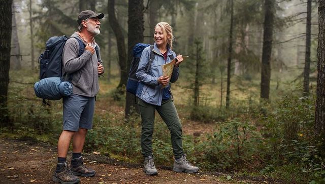 Mature couple hiking and navigating map on misty conifer forest trail with backpacks