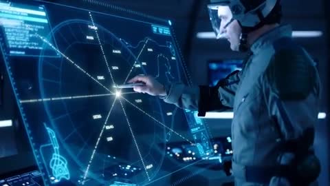 Pilot Interacting with Holographic Navigation Console in Futuristic Spacecraft Cockpit