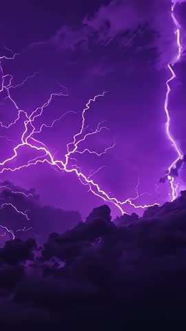 Purple lightning storm vertical video flashing branching bolts over dramatic clouds