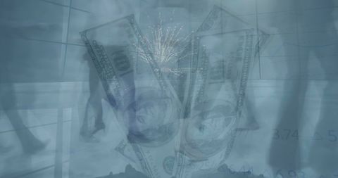 Businesspeople Walking with Superimposed Dollars and Fireworks