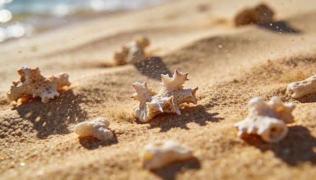 Spiky bleached coral fragment resting on golden sand with sparkling grains and sunlit glow