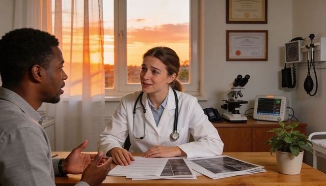 Female doctor consulting with patient while reviewing medical scans in sunset clinic
