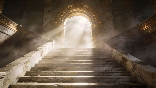 Sunbeams illuminating marble staircase leading toward gilded archway through mist