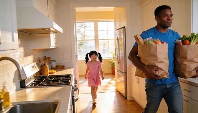 Man carrying groceries into sunlit kitchen while young girl running through doorway