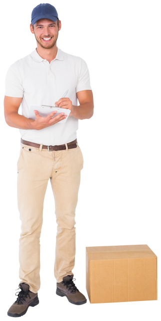 Transparent Smiling Delivery Man with Clipboard and Cardboard Box - Download Free Stock Videos Pikwizard.com