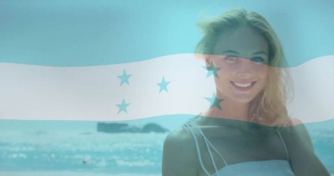 Bright Seaside Joy with Flag Overlay Enhancing Cultural Pride