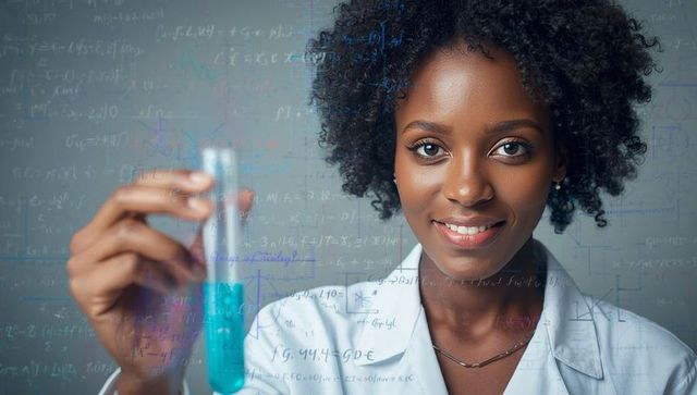 Smiling scientist holding blue test tube in laboratory with formulas