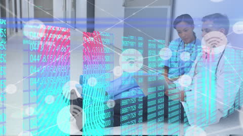 Mixed Ethnicity Doctors Analyzing Data with Advanced Technology