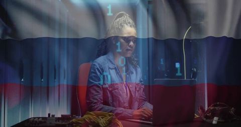 Woman typing on laptop in server room with binary overlay, network cables and rack gear analyzing da