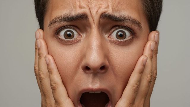 Closeup woman expressing shock and fear, hands pressing cheeks, wide eyes, open mouth