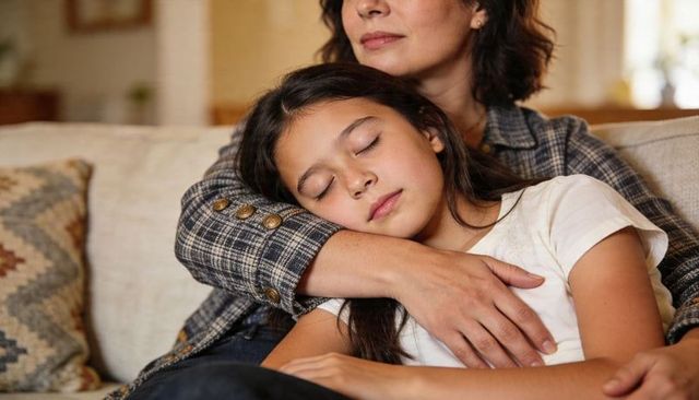 Mother cradling sleeping daughter on cozy sofa nurturing calm family bonding moment
