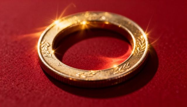Gleaming gold ring coin with laurel wreath engraving on red velvet