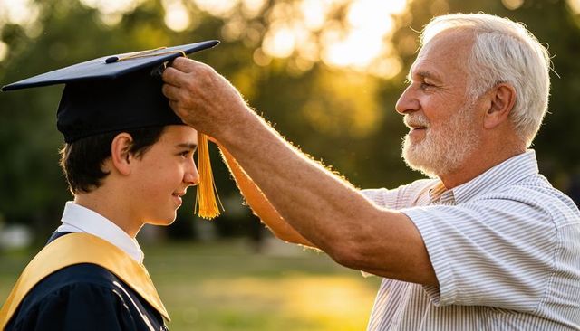 Grandfather adjusting tassel on teen graduate cap at golden hour outdoor celebration