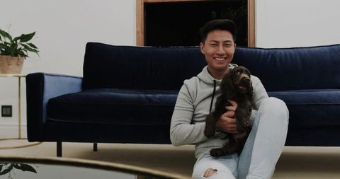 Smiling man holding brown puppy on rug with navy velvet sofa modern cozy living room