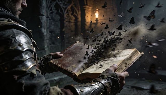 Knight holding ancient grimoire releasing swarm of dark moths and embers in gothic crypt