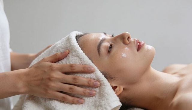Asian woman relaxing during facial, therapist adjusting towel, glowing dewy skin closeup