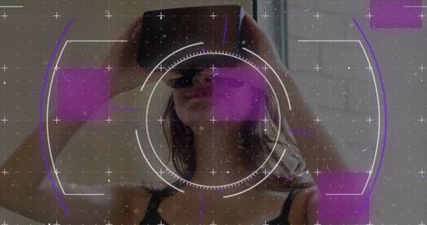 Woman Experiencing Virtual Reality with Digital Overlay Hologram