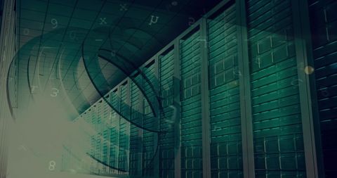 Futuristic Data Center with Abstract Numerical Overlay