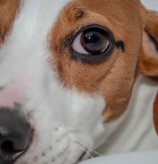 This image captures a close-up view of a brown and white dog looking directly into the camera. Ideal for use in pet care advertisements, veterinary clinics, adoption websites, dog training promotions, or any animal care-related content. The focused eye detail can represent emotions, attentiveness, and connection with animals.