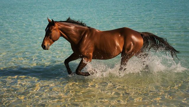 Glossy Brown Horse Galloping Through Turquoise Waters