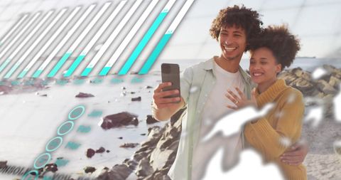 Happy Couple Using Smartphone Enhanced with Data Graphics