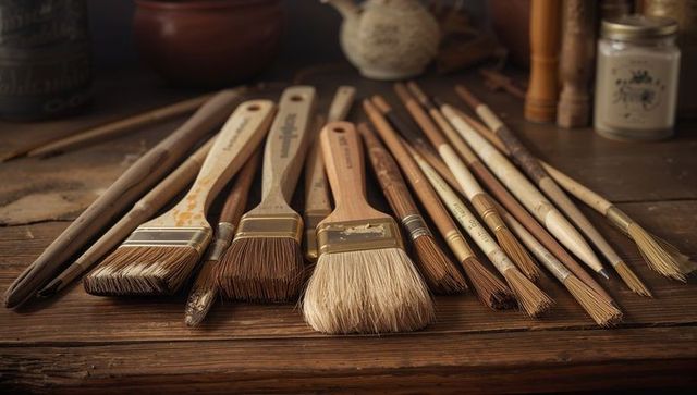Rustic paintbrushes lying on wooden tabletop closeup showing worn bristles and studio jars