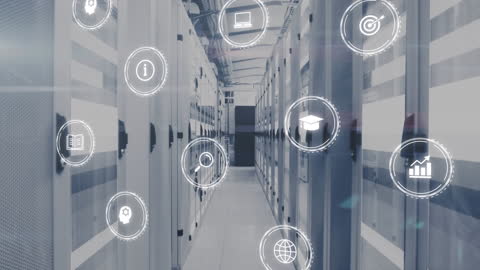 Digital Icons Overlaid on Modern Data Server Corridor