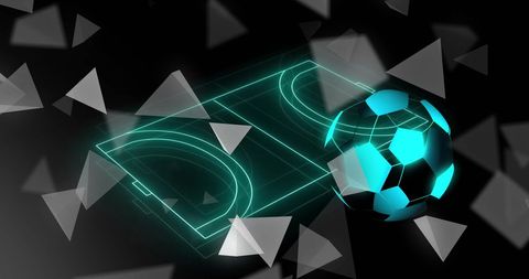 This image creatively combines a neon sports field with geometric shapes, giving a sense of vibrant technology and futuristic dimensions. Ideal for conveying topics related to advancements in digital processing, global sports dynamics, tech innovations in athletic strategies, or a modern take on sports entertainment.