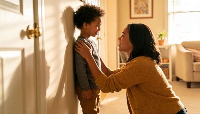Parent kneeling comforting child in warm sunlit entryway wearing mustard cardigan