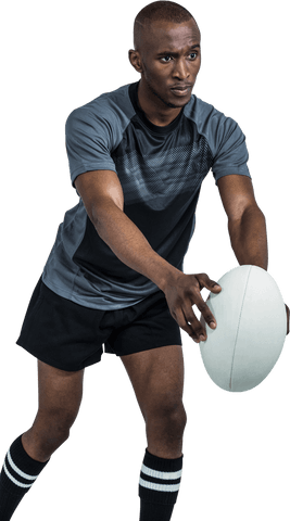 Confident male rugby player with throwing stance on transparent background
