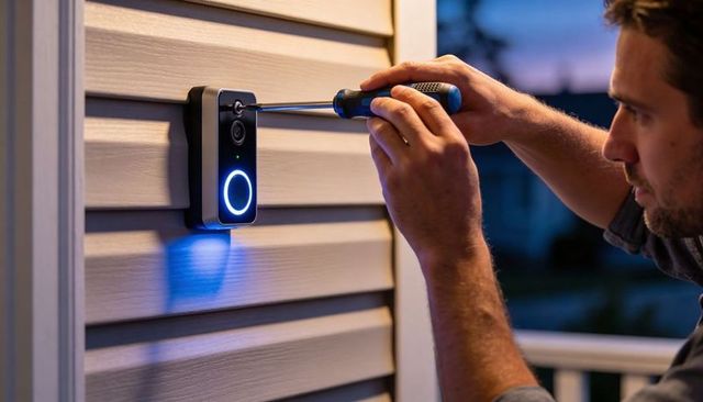 Man tightening smart doorbell with screwdriver on porch siding at twilight home automation