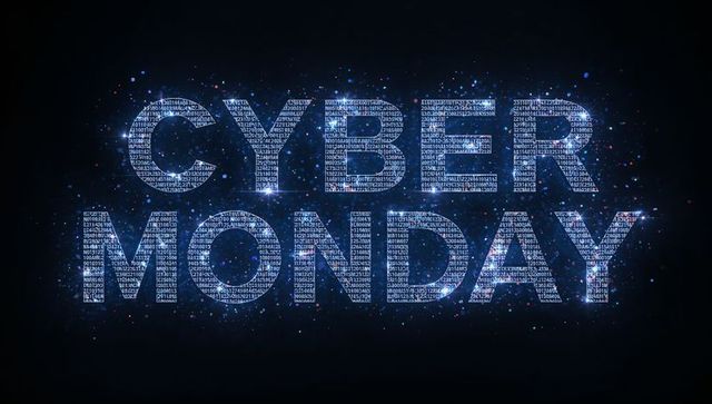 Cyber Monday neon headline glowing with binary code and electric blue particles