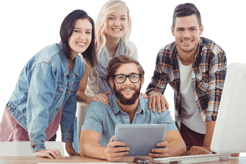 Diverse team collaborating with digital tablet in transparent workspace