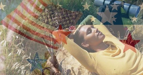 Relaxed Woman Outdoors with Overlay of American Flag