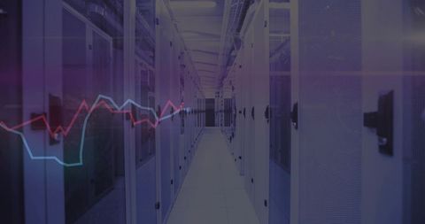 Modern data center corridor with overlayed line graph