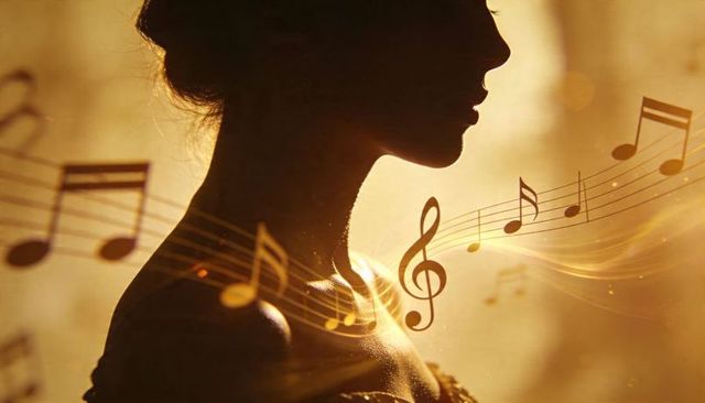 Golden rimlit singer silhouette with flowing musical notes and treble clef melody