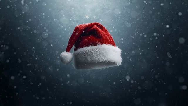 Floating santa hat with snowfall and spotlight for christmas and holiday design