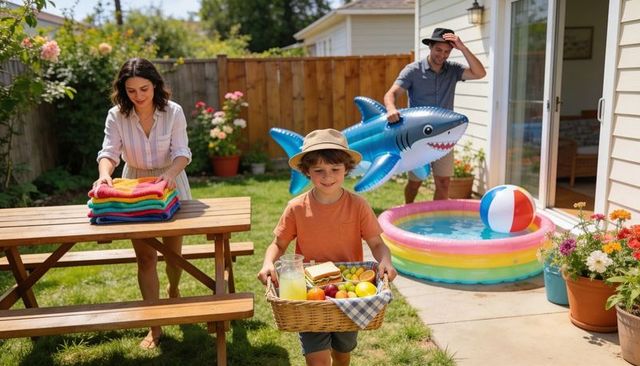 Backyard family picnic with child carrying basket, inflatable shark pool and lemonade