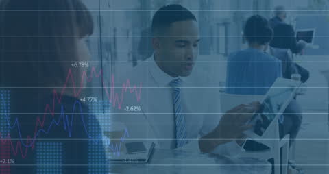 Businessman and businesswoman in formal attire using a digital tablet to analyze statistical data with graphic overlays. Ideal for illustrating teamwork, data analysis, and technological uses in business settings like financial assessments or market research.