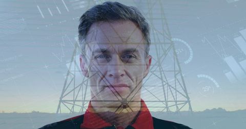 Senior Man with Data Graphics and Network Tower