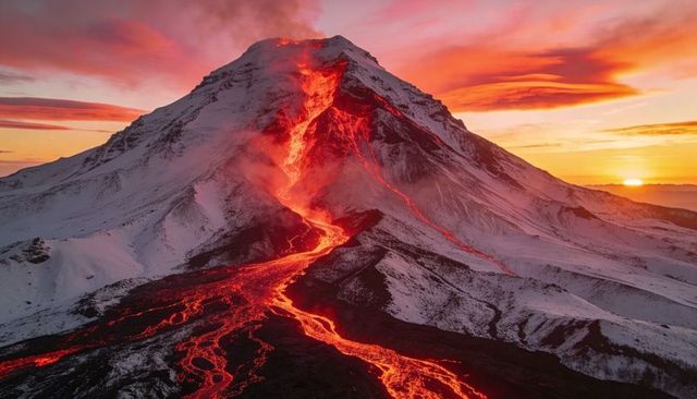 Erupting snow-capped volcano sending rivers of lava down icy slopes at sunset