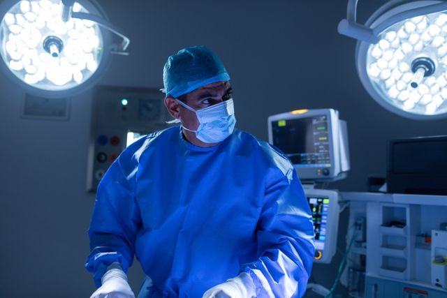 Front view of male surgeon performing operation in operating room at hospital