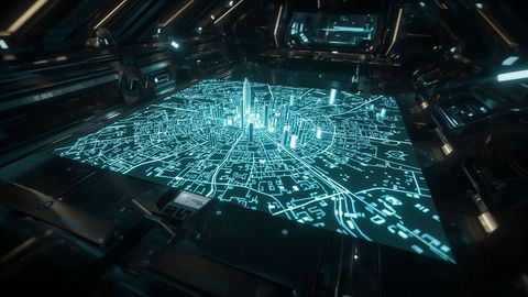 Holographic City Model on Futuristic Console in High-Tech Space