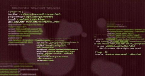 Typing Programmer Wearing Beanie and Glasses at Dim Workstation with Code Overlay