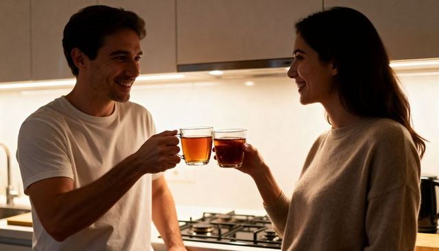 Couple clinking glass mugs sharing tea and smiling in cozy home kitchen evening