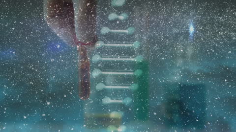 Hand Holding Test Tube in Snowy Digital Space with DNA Helix