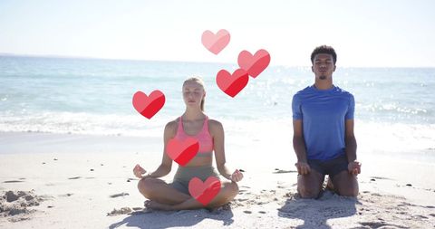 Diverse Couple Meditating on a Sunny Beach Choosing Wellness